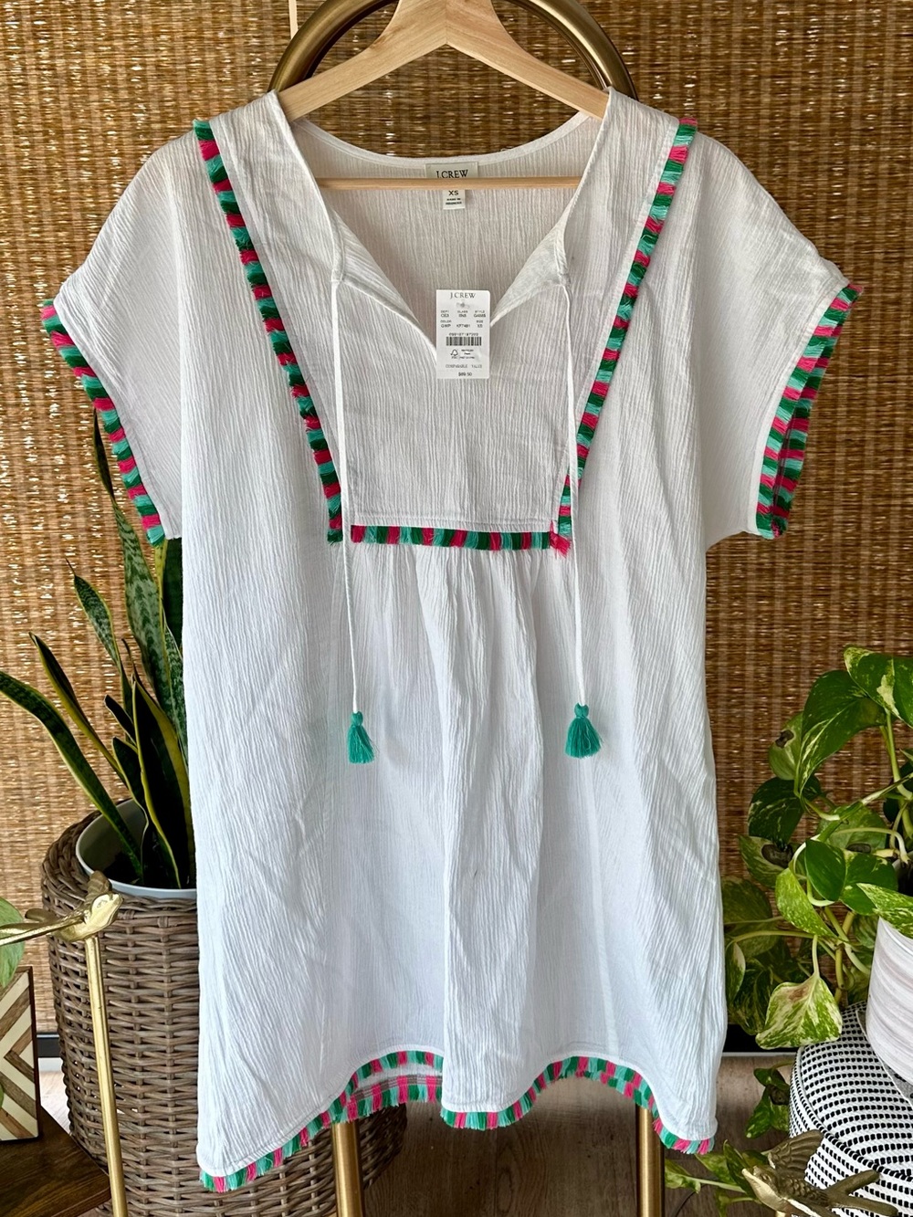 J. Crew White Crinkle Swim Cover Tunic Swith Pink Aqua Green Fringe